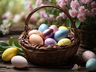 Wall Mural - Un panier rempli d'oeufs de Pâques en chocolat sur un fond fleuri, naturel et verdoyant