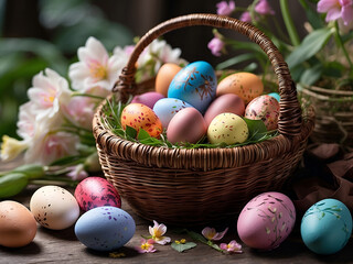 Wall Mural - Un panier rempli d'oeufs de Pâques en chocolat sur un fond fleuri, naturel et verdoyant