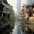 Slum an einem Fluss mit reicher Skyline im Hintergrund, einfache Häuser in Asien, Asiatische Bauweise