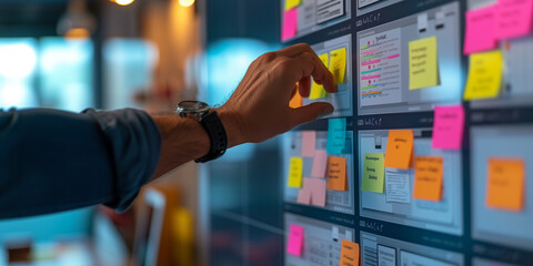 Close-up of a professional's hand organizing sticky notes on a digital project management board