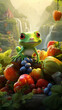 a cute baby frog indulges in a feast of vibrant fruits within a magical forest. Generative AI