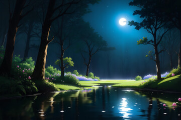 Wall Mural - night landscape with trees and lake - Ai Generated