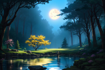 Wall Mural - Moonlight Paints the Forest Green - Ai Generated