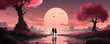 Verliebtes Paar in einer Fantasy Welt vor einem wunderschönen großen Sonnenuntergang