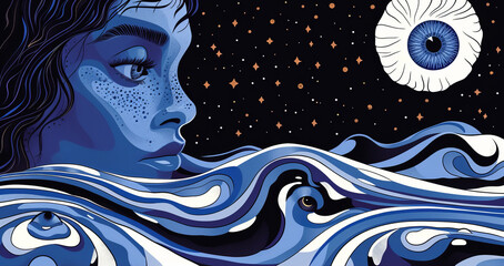 Wall Mural - Surreal esoteric illustration of a woman at night with stars and moon