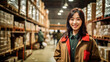 A young, smiling female worker, donned in a vest, efficiently manages a factory warehouse. She diligently checks stocks, organizes deliveries, and prepares products for packaging and orders. A portray