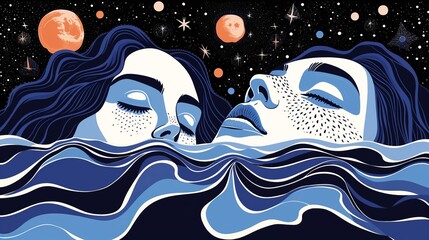 Wall Mural - Surreal esoteric abstract illustration of twins against the background of stars and the moon
