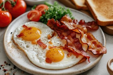 Wall Mural - A high angle shot of a delicious breakfast spread featuring sunny-side-up eggs, crispy bacon, and toast Breakfast with fried eggs, bacon and toasts