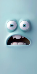 Cartoonish 3D face with oversized eyes and a gaping mouth on a pastel blue background, ideal for a playful wallpaper.