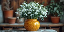 A White Snowdrop Bouquet In A Glazed Ceramic Vase, A Fresh And Rustic Still Life.