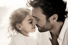 Father And Daughter Sepia Color Portrait. Dad And His Little Girl Heartwarming Advertising Style Poster For Cosmetics, Clothes, Product Ad.