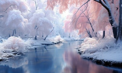 Sticker - A river in the snow with pink trees. Generative AI.