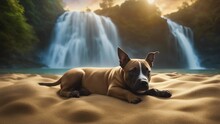 Dog On The Beach Highly Intricately Detailed Photograph Of Staffordshire Terriers Bull Puppy Sleeping On The Beach Near A Waterfall 
