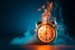 Burning alarm clock. Time out or deadline pressure concept, lack of time. Clock on fire, hot sale, discounts, shopping time, countdown. Oversleep, waste of time, insomnia. Time is ending, running out.
