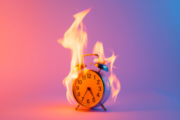 Burning alarm clock. Time out or deadline pressure concept, lack of time. Clock on fire, hot sale, discounts, shopping time, countdown. Oversleep, waste of time, insomnia. Time is ending, running out.