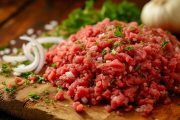 Wall Mural - Minced meat close-up, production concept. Background with selective focus and copy space