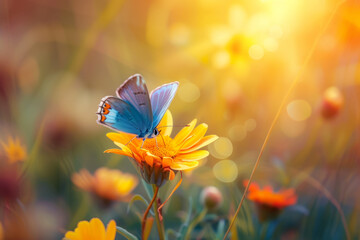 Wall Mural - Butterfly on a spring flower. Background with selective focus and copy space