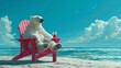 © Miss V - polar bear is sitting on pink plastic chair on the beach and enjoying a refreshing cold drink. Surreal concept for summer holidays. Generative AI