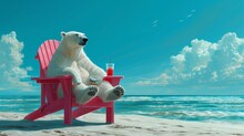 Polar Bear Is Sitting On Pink Plastic Chair On The Beach And Enjoying A Refreshing Cold Drink. Surreal Concept For Summer Holidays. Generative AI