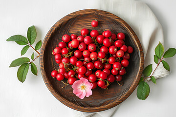 Wall Mural - Wooden plate with fresh rose hip berries and flower on white background
