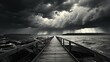 a black and white photo of a dock in the middle of a body of water with dark clouds. dark mood Generative AI	