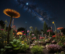 Gardens Filled With Otherworldly Plants, Flowers, And Creatures Under A Celestial Night Sky.