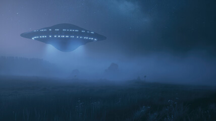 Wall Mural - futuristic ufo lands on a field during starry night in infinite universe with many clouds. universe 