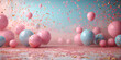 Viele fliegende Luftballons in pink mit Konfetti und Textfreiraum, ai generativ