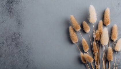 brown bunny tail grass on grey background copy space dried lagurus grass