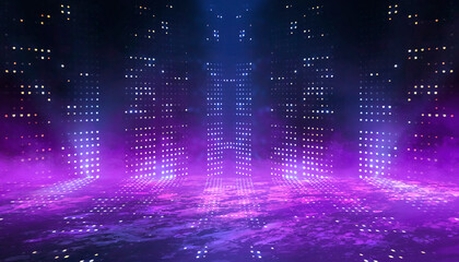 Wall Mural - Abstract empty dark stage with purple smoke, neon, sparkles.