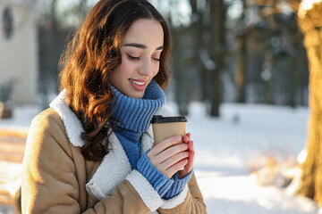 Poster - Portrait of smiling woman with paper cup of coffee in snowy park. Space for text