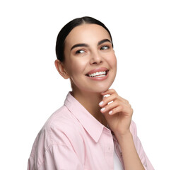 Wall Mural - Beautiful woman with clean teeth smiling on white background