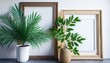 poster mockup with a green plant and wooden frames on white generative ai