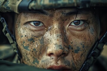 Wall Mural - South Korean soldier portrait close up. Modern soldier of South Korea detailed photography texture