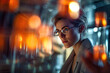 Fantastic dramatic image of woman scientist working in laboratory with moody dramatic lighting set up surrounded by lab equipment