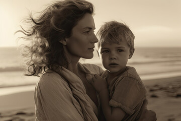 Wall Mural - Beautiful image of mother and young daughter sat on beach landscape during beautiful sunset