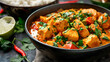 Vista de cerca de comida india. Pollo al curry con arroz blanco