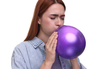 Sticker - Woman inflating purple balloon on white background