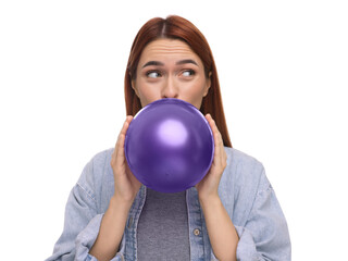 Sticker - Woman inflating purple balloon on white background