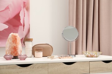 Canvas Print - Dressing table with mirror, cosmetic products, jewelry and burning candles in makeup room