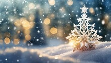 Abstract Winter Background Featuring A Blurred Christmas Tree In A Snowy Landscape With A Snowflake As A Symbol Of Christmas
