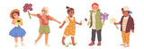 Fototapeta Pokój dzieciecy - Cute boys and girls children cartoon characters standing with beautiful flowers blossoms in hands