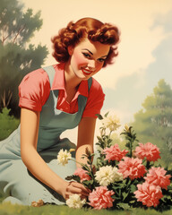 Wall Mural - Minimalistic retro 1950's postcard of housewife woman smiling working in the garden and planting flowers in the garden with cloudy sky at the background