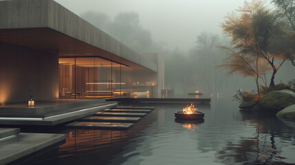 Wall Mural - modern, contemporary architecture with fire and water