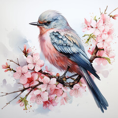 Watercolor birds on flowering branches. Generative AI technology.