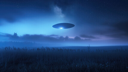 Wall Mural - futuristic ufo lands on a field during starry mysterious night above the forest and many clouds. uni