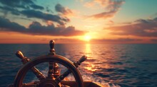 3D Rendering, Illustration Of A Ship Steering Wheel, Commonly Known As Helm, At Sunset