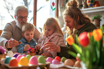 Wall Mural - A heartwarming scene of a family gathered to paint and decorate Easter eggs, celebrating togetherness in April