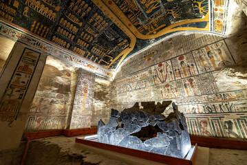 Amazing details and coffin in the tomb of Ramesses V and VI in the Valley of the Kings near Luxor, Egypt