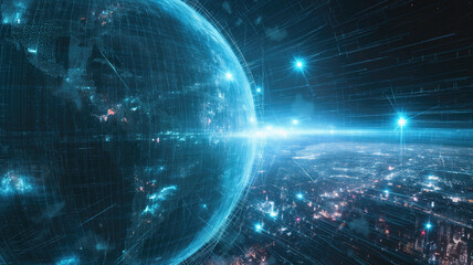 Wall Mural - the cyber planet in the cyber space and high technology and unknown space around. universe science a